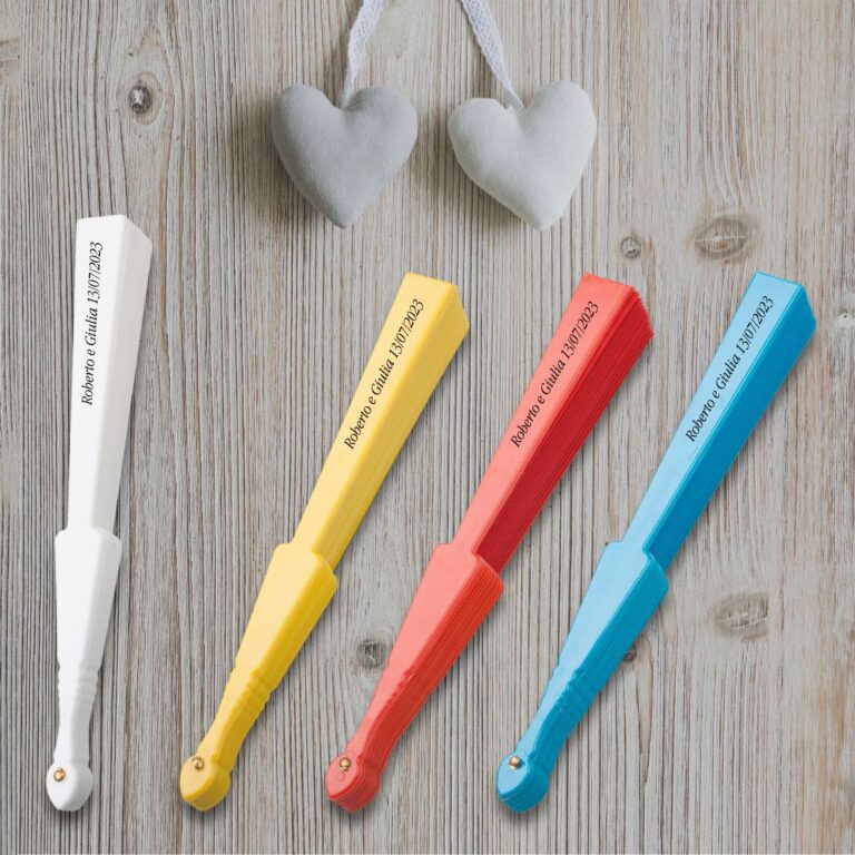 Ventaglio per matrimoni in tela e bacchette in plastica personalizzati